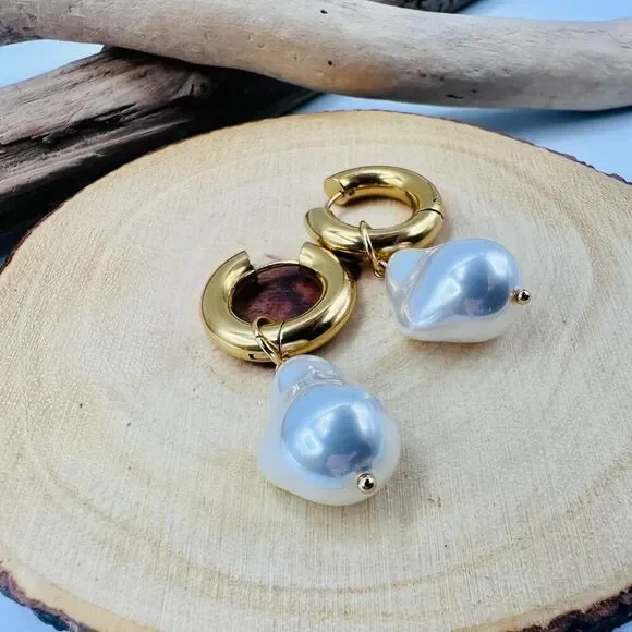 Baroque Pearl Gold Hoop Huggie Earrings 18K Stainless Steel - Picture 5 of 6